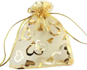 100 pcs 3.5 x 4.7 Inch Flower Heart Organza Jewelry Gift Pouch Candy Pouch Drawstring Wedding Favor Bags X92 (gold gold heart)