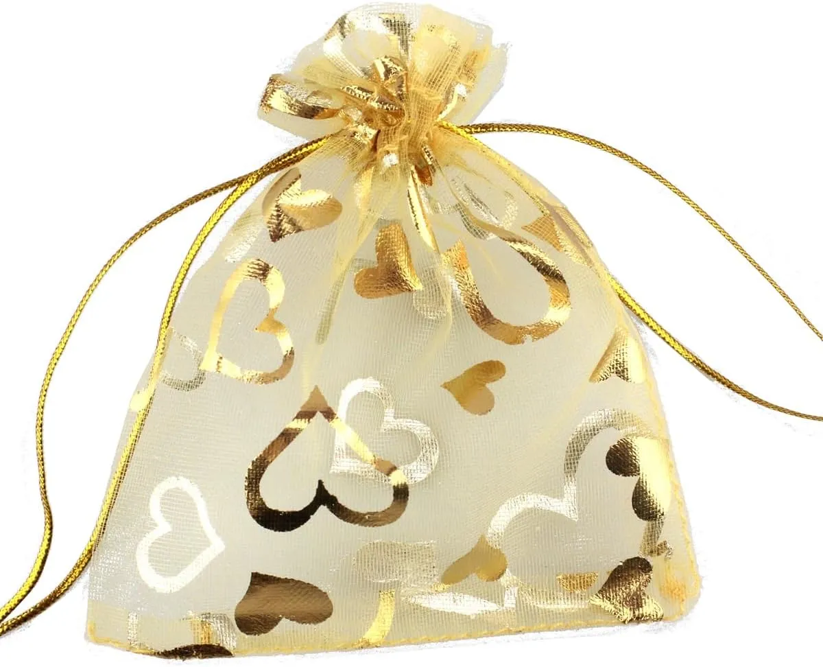 100 pcs 3.5 x 4.7 Inch Flower Heart Organza Jewelry Gift Pouch Candy Pouch Drawstring Wedding Favor Bags X92 (gold gold heart)