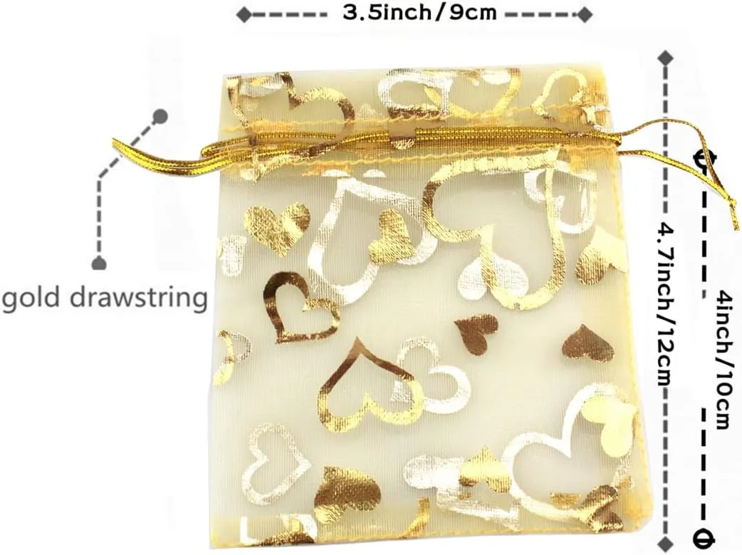 100 pcs 3.5 x 4.7 Inch Flower Heart Organza Jewelry Gift Pouch Candy Pouch Drawstring Wedding Favor Bags X92 (gold gold heart)