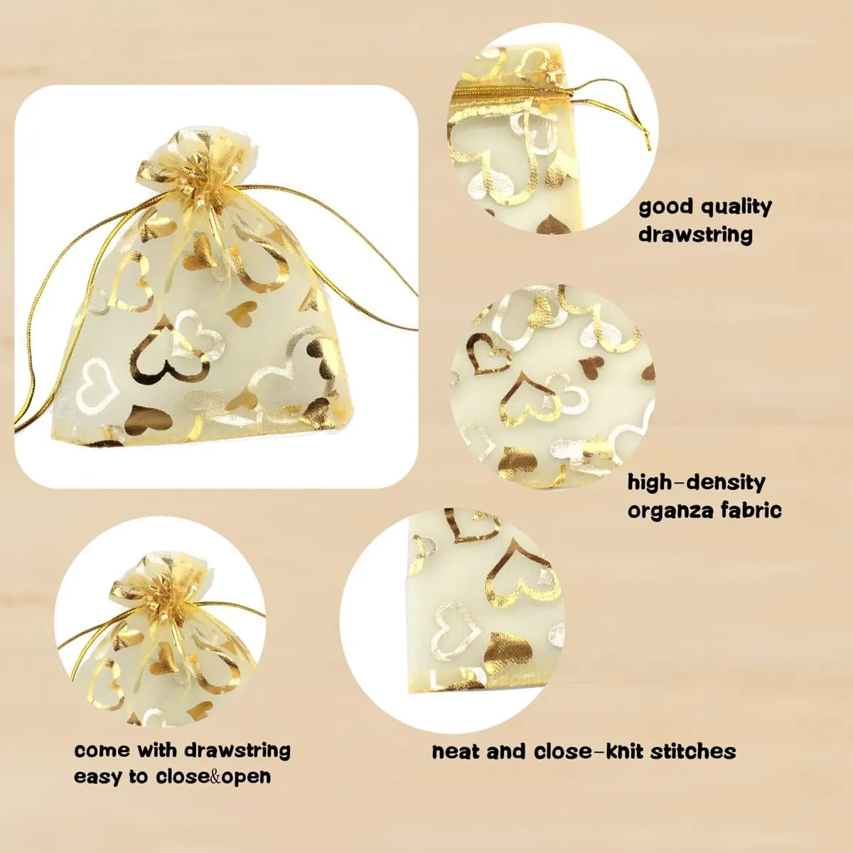 100 pcs 3.5 x 4.7 Inch Flower Heart Organza Jewelry Gift Pouch Candy Pouch Drawstring Wedding Favor Bags X92 (gold gold heart)