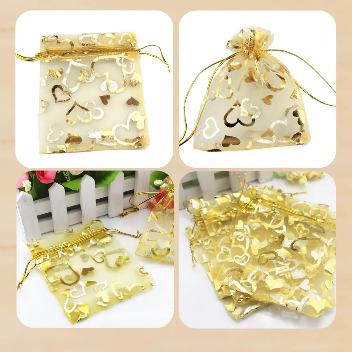 100 pcs 3.5 x 4.7 Inch Flower Heart Organza Jewelry Gift Pouch Candy Pouch Drawstring Wedding Favor Bags X92 (gold gold heart)