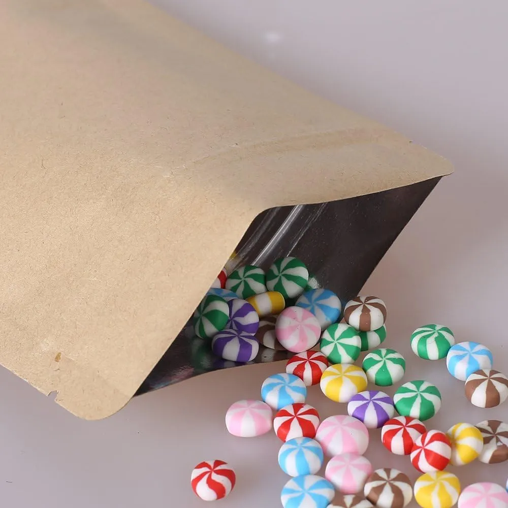 100/Pack Brown Kraft Flat Inner Foil Lining Zip Top Seal Lock Bags (11x18cm (4.2x7"))