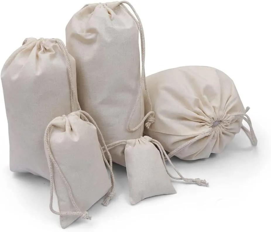 100Pcs 10 x 12 Inches Premium Cotton Muslin Double Drawstring Bags, Reusable Bag Natural Cotton Bags with Drawstring Produce Bags Bulk Gift Bag Jewelry Pouch for Party Wedding Home Storage