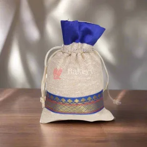 10x14 CM | Elegant Jute Blue Drawstring Gift Bag | Drawstring Bags | Pack of 10