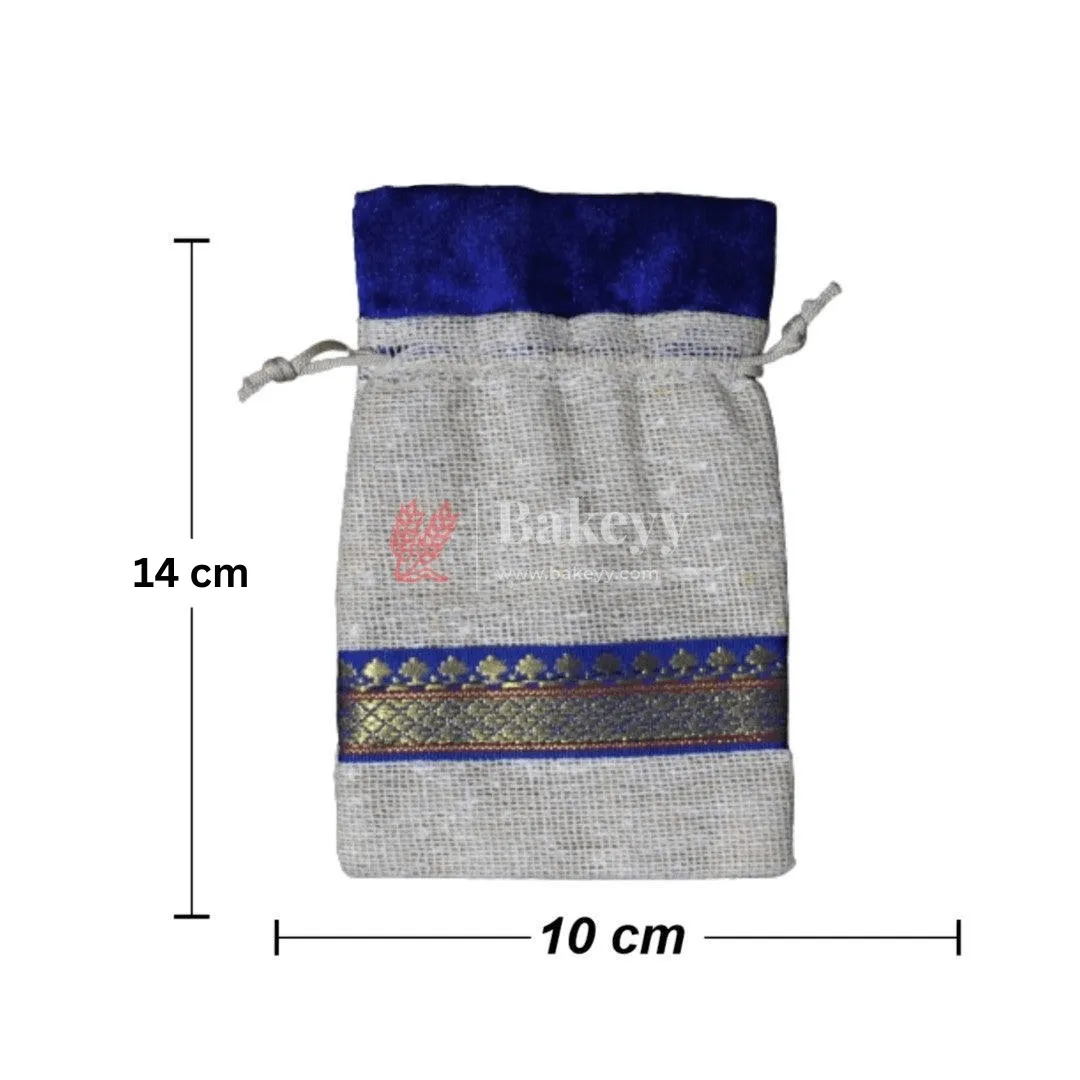 10x14 CM | Elegant Jute Blue Drawstring Gift Bag | Drawstring Bags | Pack of 10
