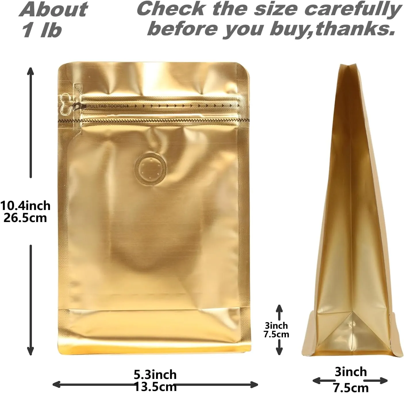 110 Pack High Barrier Stand-Up Coffee Bean Bags with Vented Valve, Matte Metallic Ziplock, Heat-Sealable and Resealable Solid Color Pouches for Food Storage (5.3 * 10.4 inch,1 lb,Golden)