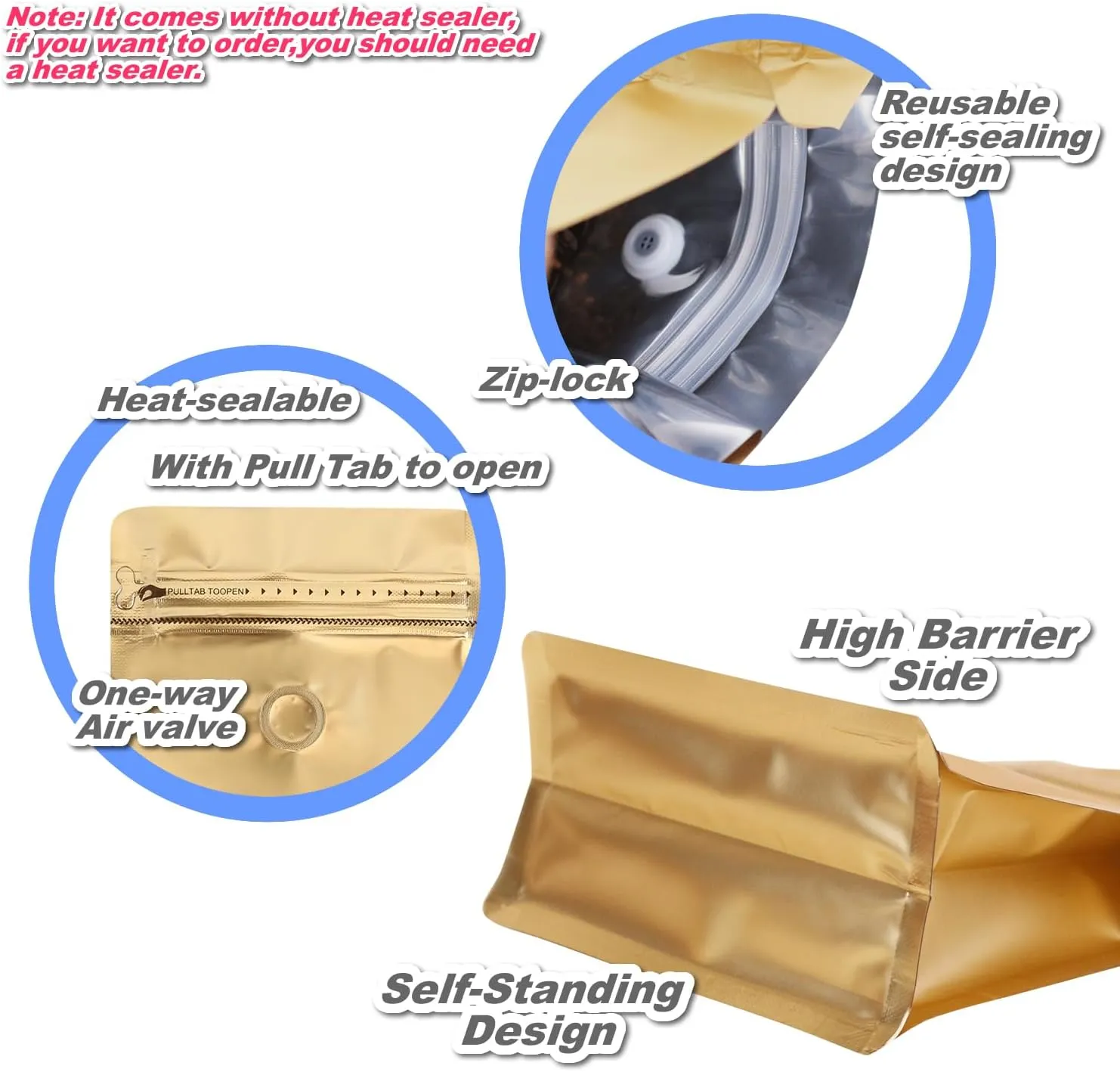 110 Pack High Barrier Stand-Up Coffee Bean Bags with Vented Valve, Matte Metallic Ziplock, Heat-Sealable and Resealable Solid Color Pouches for Food Storage (5.3 * 10.4 inch,1 lb,Golden)