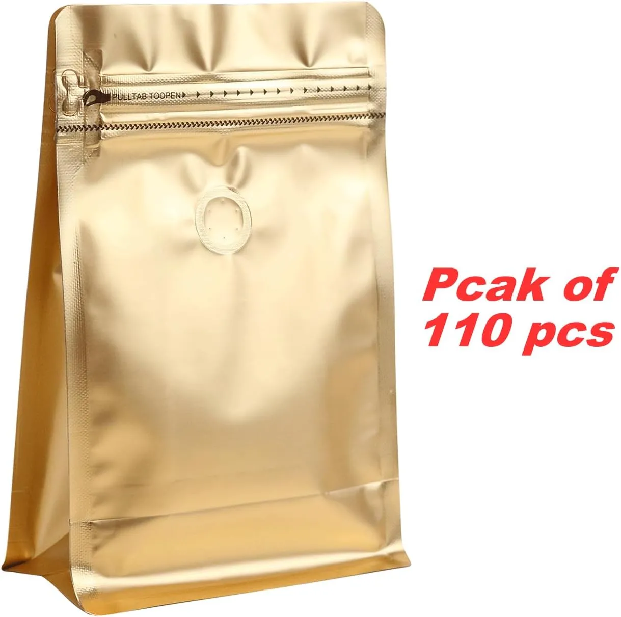 110 Pack High Barrier Stand-Up Coffee Bean Bags with Vented Valve, Matte Metallic Ziplock, Heat-Sealable and Resealable Solid Color Pouches for Food Storage (5.3 * 10.4 inch,1 lb,Golden)