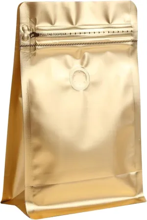 110 Pack High Barrier Stand-Up Coffee Bean Bags with Vented Valve, Matte Metallic Ziplock, Heat-Sealable and Resealable Solid Color Pouches for Food Storage (5.3 * 10.4 inch,1 lb,Golden)