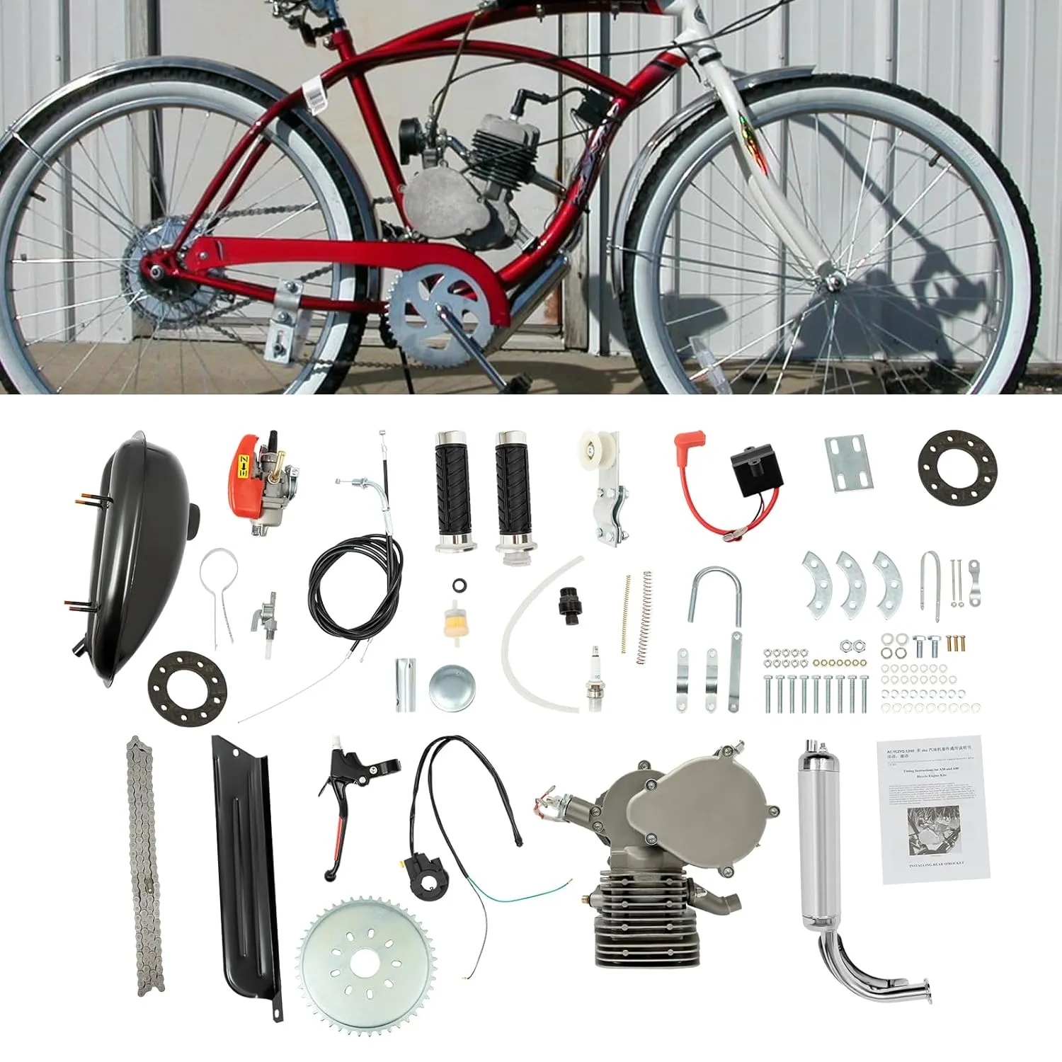 110CC Bicycle Engine Bike Motor Kit, 2-Stroke Gas Motorized Bike Conversion Kit w/Air Cooling&CDI Ignition System, 6000RPM Single-Cylinder Gasoline Petrol Bicycle Motor for Most 26" 28" Bikes (Black)