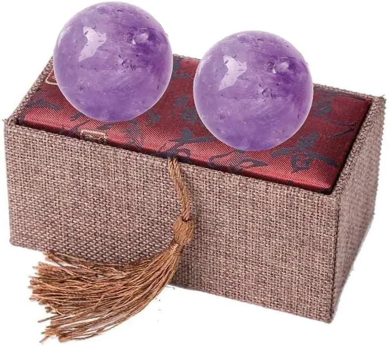 1.57" Amethyst Crystal Baoding Balls, Purple Quartz Healing Fitness Ball for Stress Relief, Exercise, and Hand Therapy, Natural Crystal Handballs with Carry Pouch (Box-Packed) M19