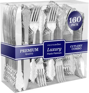 160 Pcs Silver Plastic Silverware Set- 80 Silver Forks, 40 Silver Spoons, 40 Silver Knives, Heavy Duty Disposable Utensils Heavyweight Cutlery, Elegant Flatware, Dinner Party, Wedding, Holiday Parties