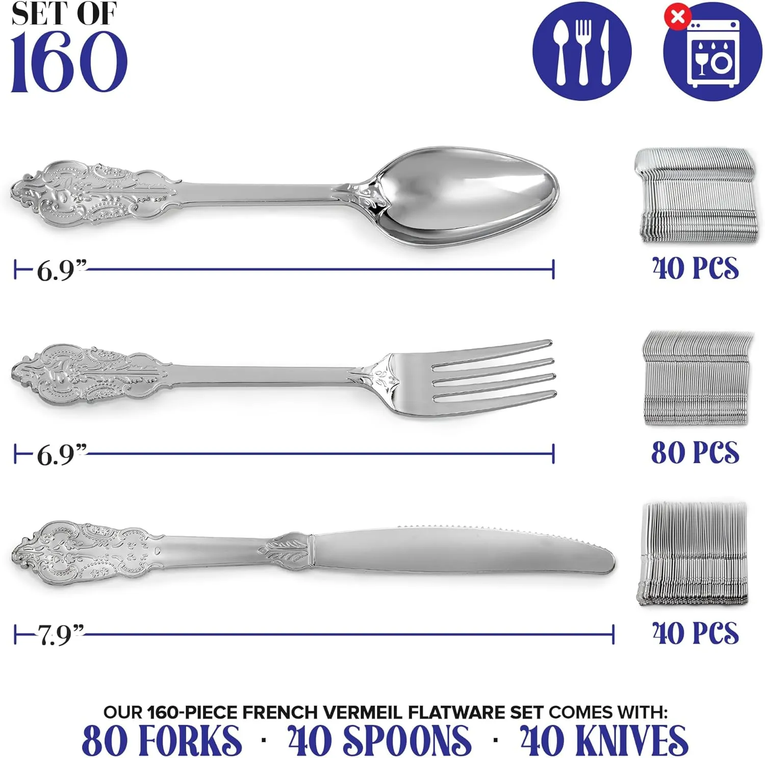 160 Pcs Silver Plastic Silverware Set- 80 Silver Forks, 40 Silver Spoons, 40 Silver Knives, Heavy Duty Disposable Utensils Heavyweight Cutlery, Elegant Flatware, Dinner Party, Wedding, Holiday Parties