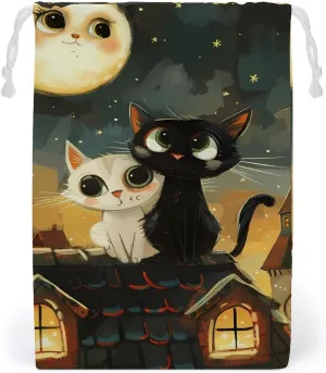 2 Love Cats Sitting on Roof in Old Town Drawstring Bag Portable Storage Bags Small Pouch for Sports Travel 12 * 18cm