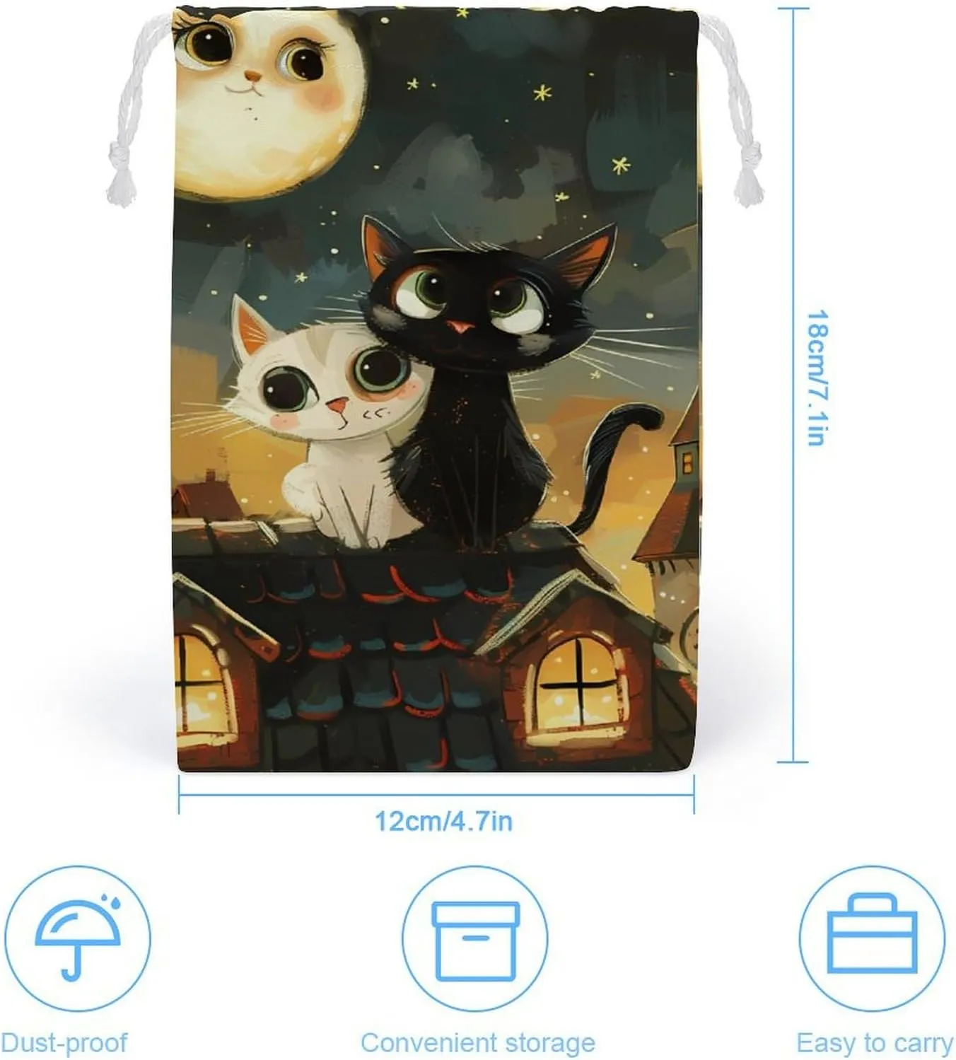 2 Love Cats Sitting on Roof in Old Town Drawstring Bag Portable Storage Bags Small Pouch for Sports Travel 12 * 18cm