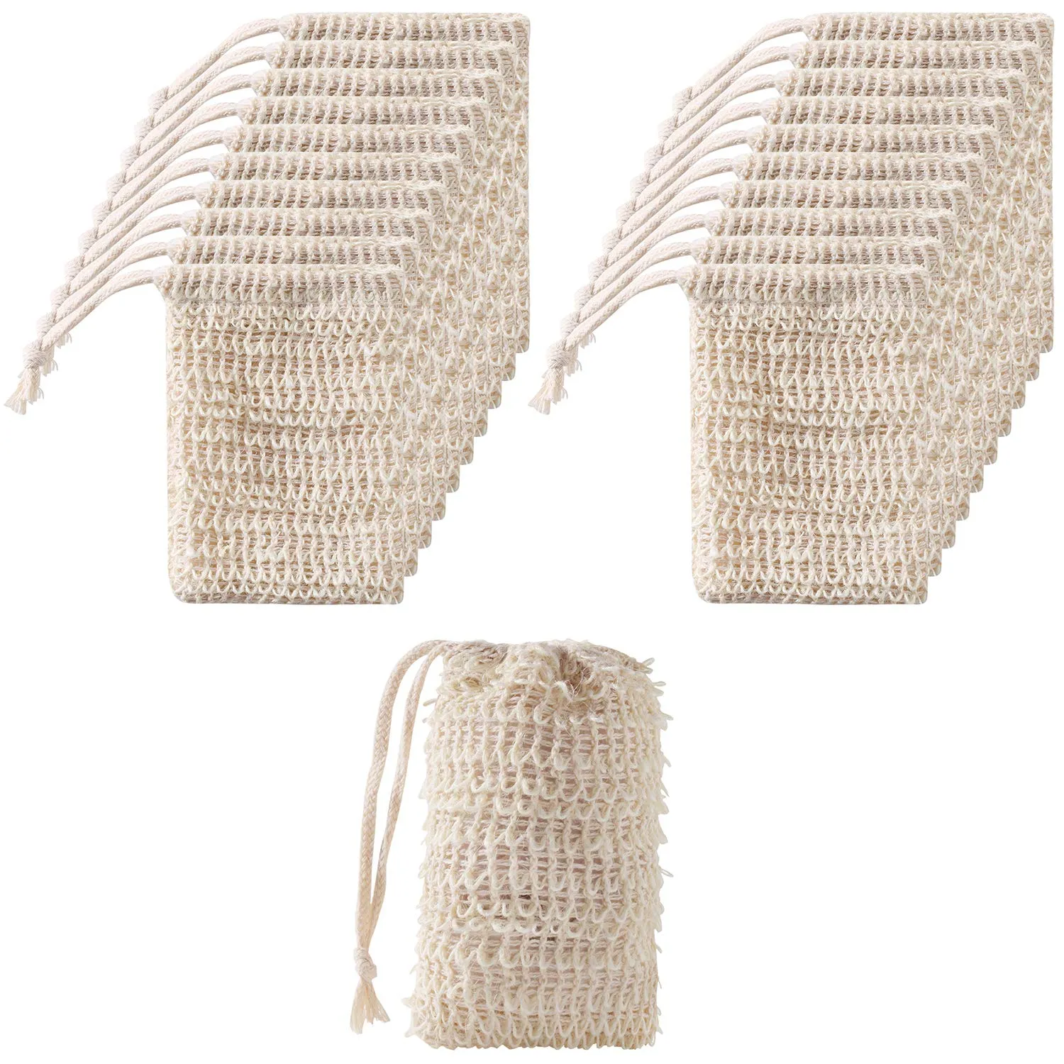 24 Pack Soap Exfoliating Bag Pouch Soap Saver Natural Ramie Soap Bag Hand Made Soap Bag Mesh Soap with Drawstring for Bath & Shower Use