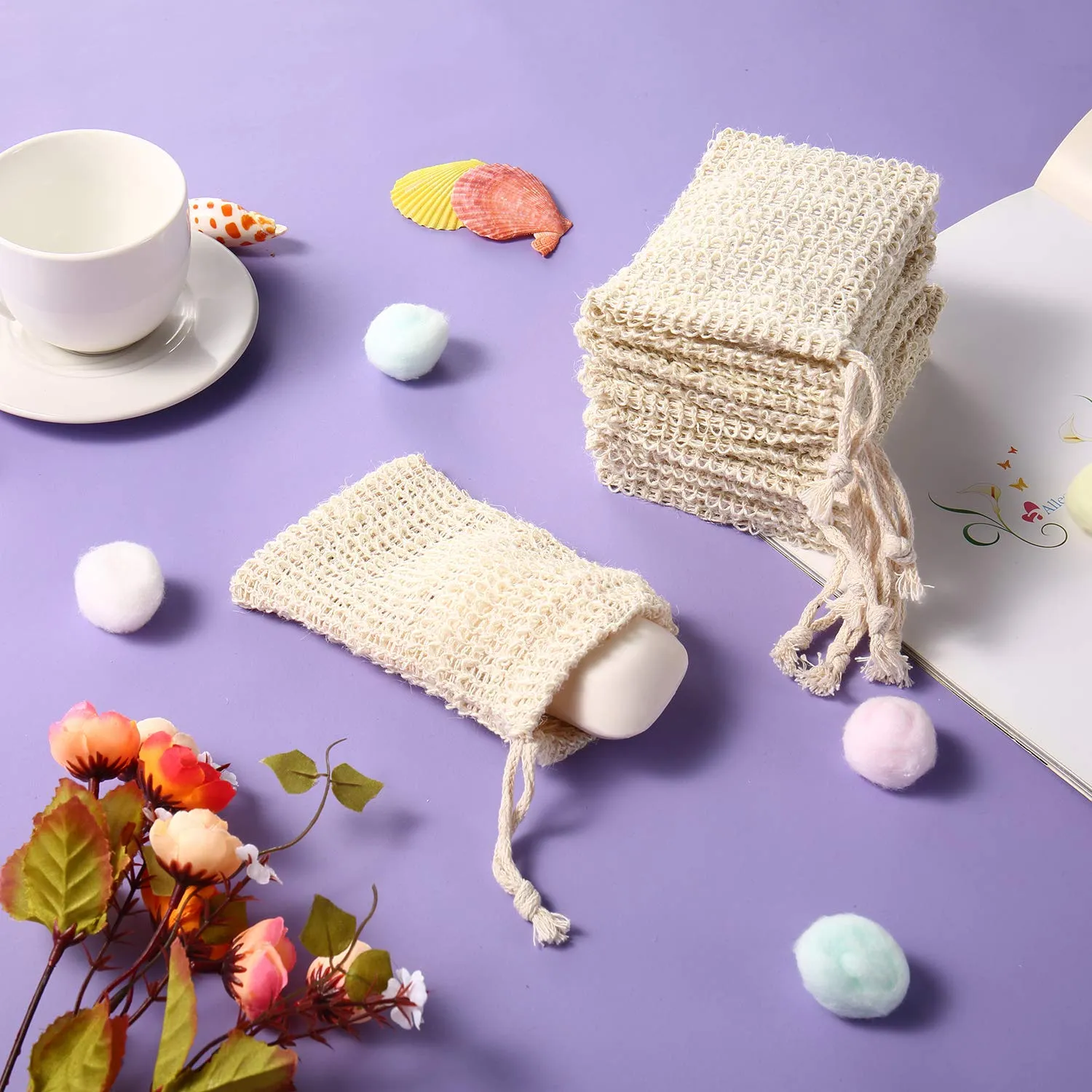 24 Pack Soap Exfoliating Bag Pouch Soap Saver Natural Ramie Soap Bag Hand Made Soap Bag Mesh Soap with Drawstring for Bath & Shower Use