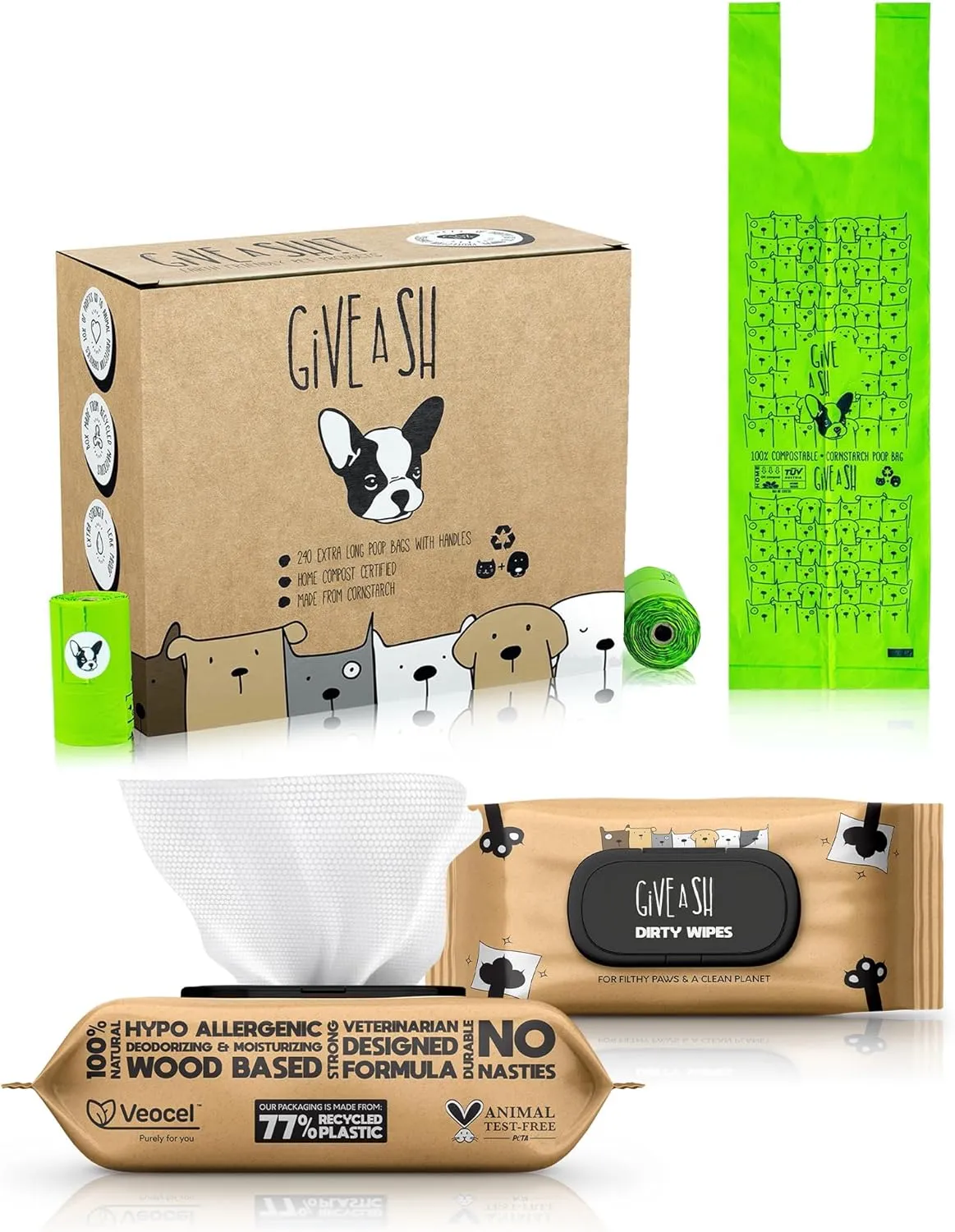 240 Handled Compostable Dog Poop Bags and 100 Plant-Based Pet Wipes – Champion Animal Welfare & The Planet