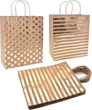 24Pcs 10x12x5" Gold Foil Large Kraft Brown Paper Gift Bags Bulk with Handles,Hotstamp Stripes and Dots,Party Favor/Shopping/Wedding/Retail/Merchandise/Graduation/Takeouts Craft Bags (Brown-2side Foil)