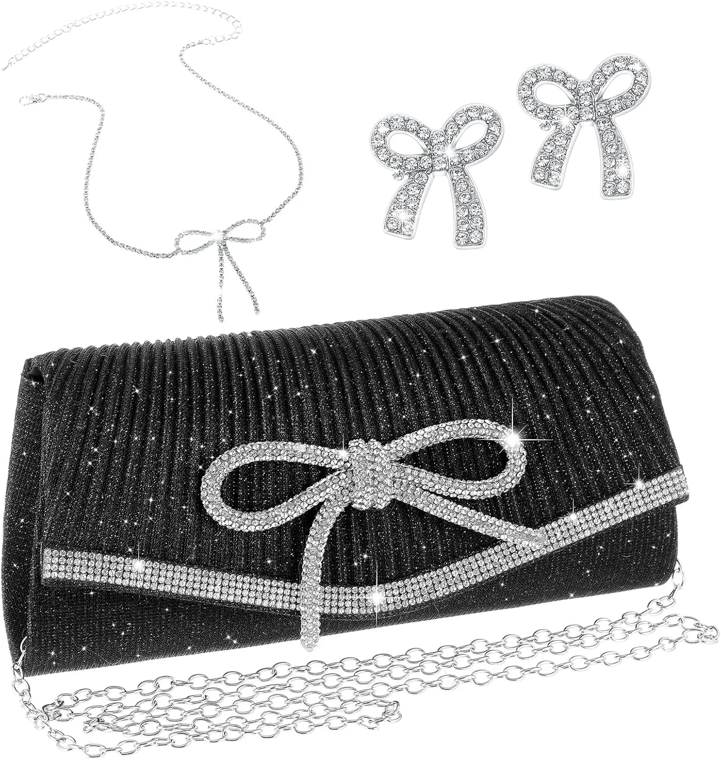 3 Pcs Bow Clutch Bag Jewelry Set Women, Black Clutch Purse with Silver Bow Necklace Earrings Glitter Evening Handbag for Wedding Party Gift