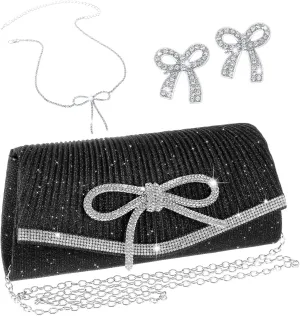 3 Pcs Bow Clutch Bag Jewelry Set Women, Black Clutch Purse with Silver Bow Necklace Earrings Glitter Evening Handbag for Wedding Party Gift