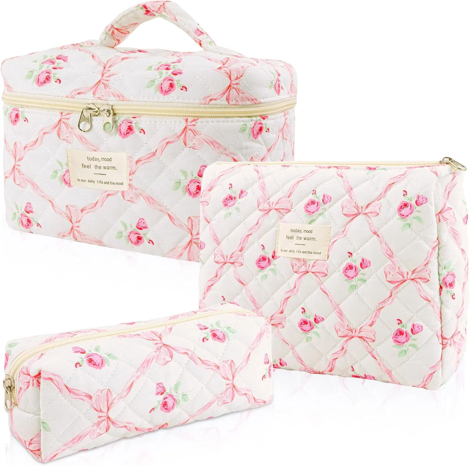 3 Sizes Pcs Cotton Quilted Makeup Bag Set, Travel Toiletry Personalized Cute Blue Floral Cosmetic Makeup Bag Extra Large Small Organizer Bags (Pink Bow & Roses)
