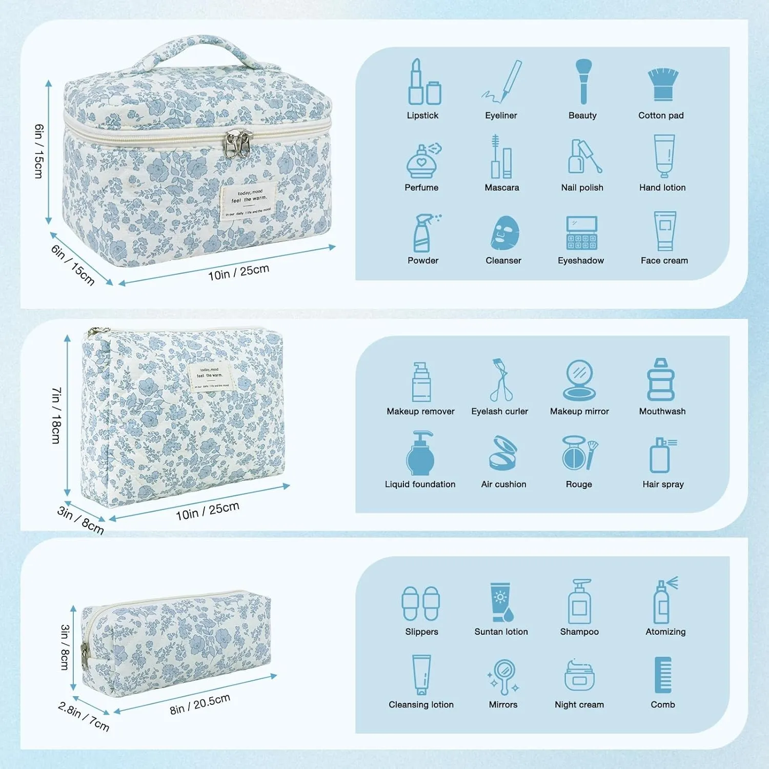 3 Sizes Pcs Cotton Quilted Makeup Bag Set, Travel Toiletry Personalized Cute Blue Floral Cosmetic Makeup Bag Extra Large Small Organizer Bags (Pink Bow & Roses)