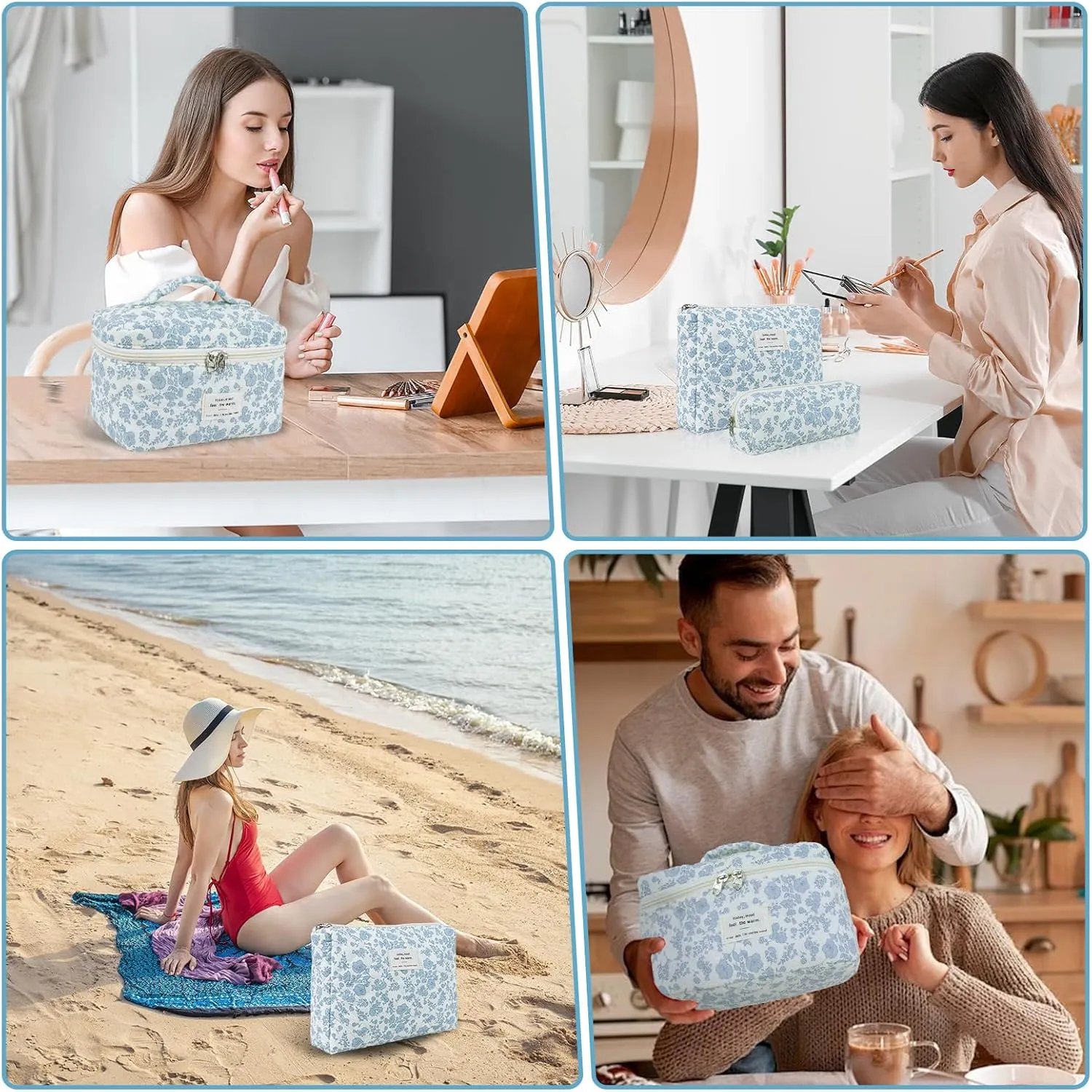 3 Sizes Pcs Cotton Quilted Makeup Bag Set, Travel Toiletry Personalized Cute Blue Floral Cosmetic Makeup Bag Extra Large Small Organizer Bags (Pink Bow & Roses)
