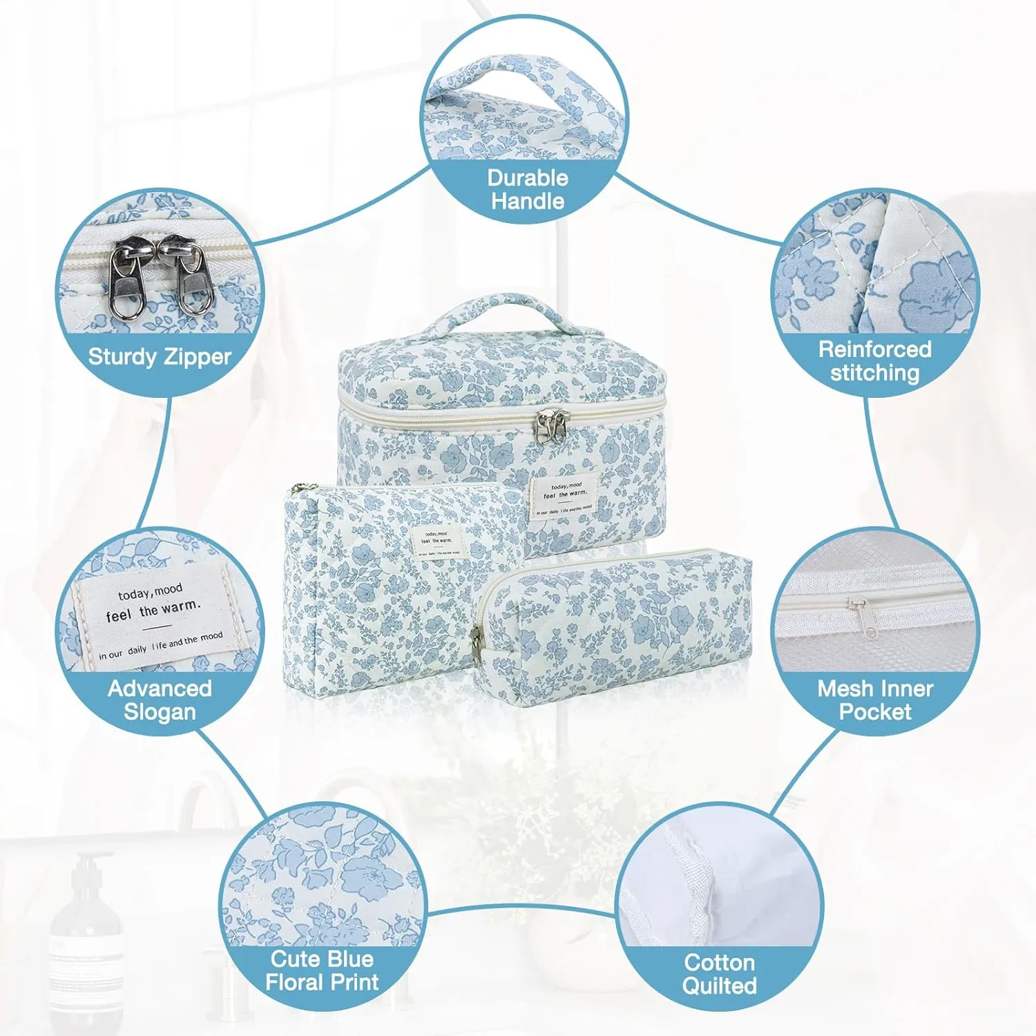 3 Sizes Pcs Cotton Quilted Makeup Bag Set, Travel Toiletry Personalized Cute Blue Floral Cosmetic Makeup Bag Extra Large Small Organizer Bags (Pink Bow & Roses)