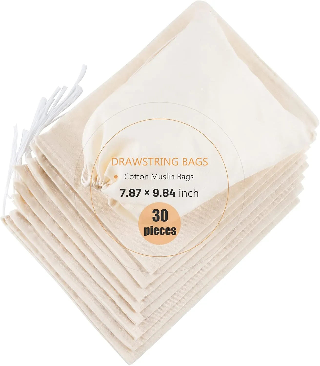 30 Pieces Cotton Drawstring Tea Filter Bags, Reusable Muslin Bag Gift Bag Jewelry Pouch for Wedding Party Home Supplies, Natural Unbleached Coffee/Tea/Herbs/Soup Bags (7.8 by 9.8 Inches)