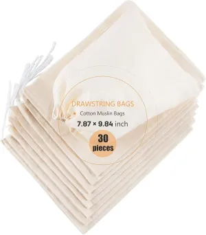30 Pieces Cotton Drawstring Tea Filter Bags, Reusable Muslin Bag Gift Bag Jewelry Pouch for Wedding Party Home Supplies, Natural Unbleached Coffee/Tea/Herbs/Soup Bags (7.8 by 9.8 Inches)