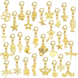 30 Pieces Golden Clip on Charm Pendants Mixed Styles Dangle Charms with Lobster Clasp Craft Supplies for DIY Earrings Jewelry Making Accessories