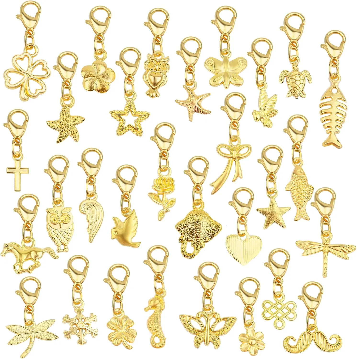 30 Pieces Golden Clip on Charm Pendants Mixed Styles Dangle Charms with Lobster Clasp Craft Supplies for DIY Earrings Jewelry Making Accessories