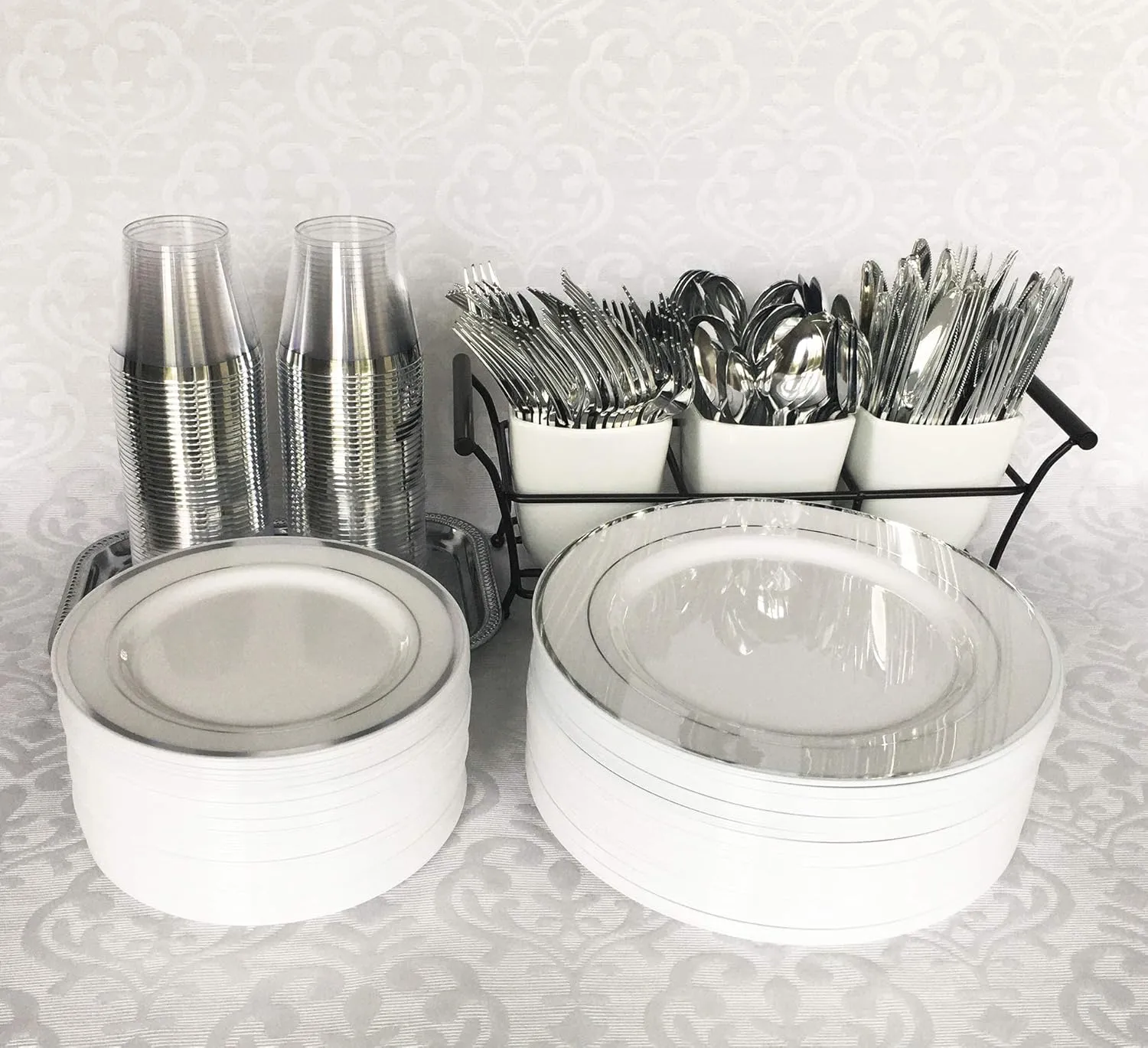 300 Piece Silver Plastic Silverware Set - Reusable & Recyclable - Silver Plastic Utensils for Weddings, Anniversaries, Showers, Parties - 100 Forks, 100 Spoons, 100 Knives - Cutlery by JL Prime