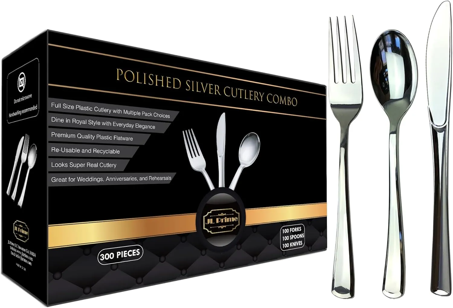 300 Piece Silver Plastic Silverware Set - Reusable & Recyclable - Silver Plastic Utensils for Weddings, Anniversaries, Showers, Parties - 100 Forks, 100 Spoons, 100 Knives - Cutlery by JL Prime