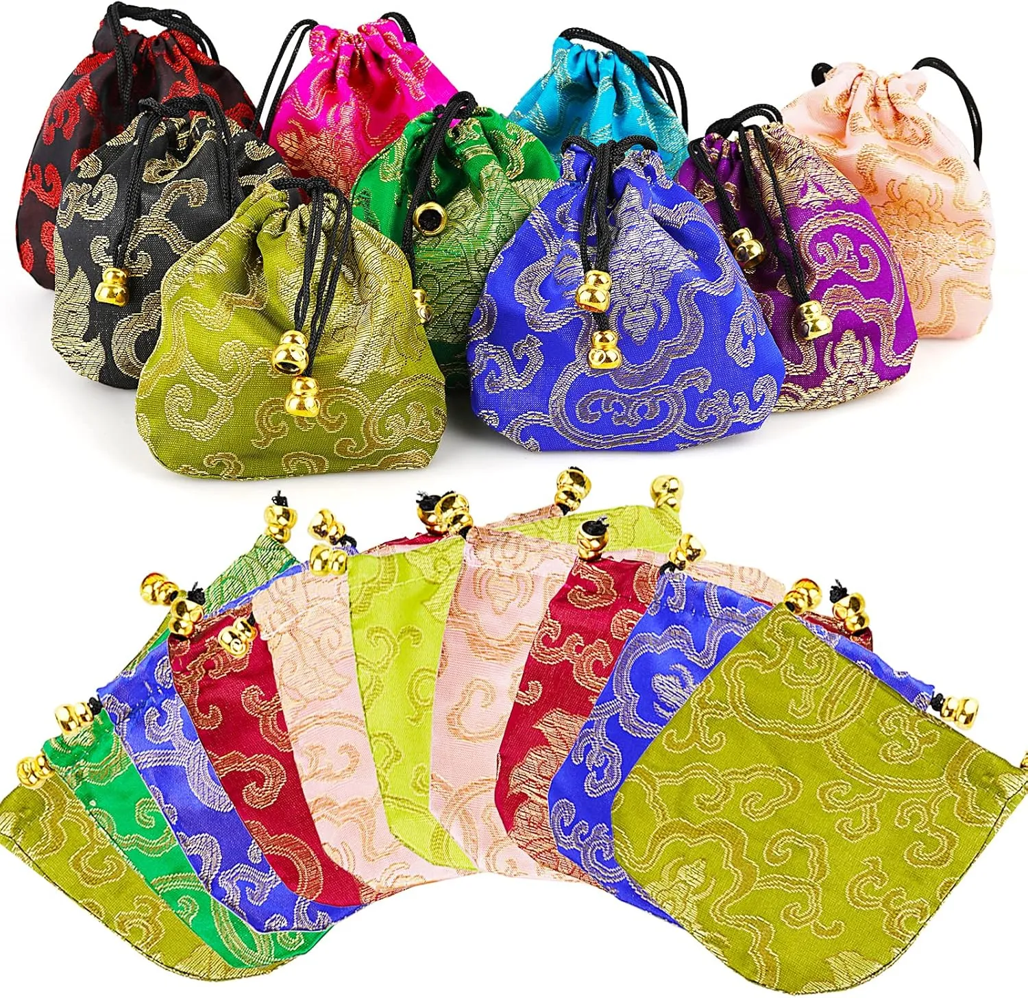 30Pcs Silk Brocade Embroidered Drawstring Jewelry Pouch Bag Gift Bags Baskets Drawstring Coin Purse (Random Color)