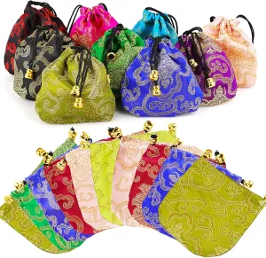 30Pcs Silk Brocade Embroidered Drawstring Jewelry Pouch Bag Gift Bags Baskets Drawstring Coin Purse (Random Color)