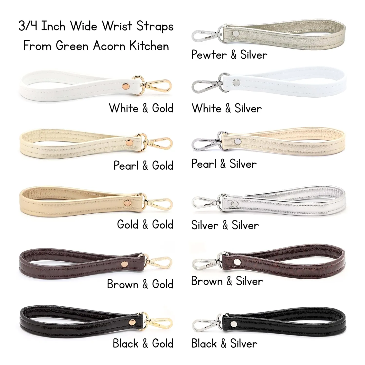 3/4" x 6" Wrist Strap • 8" Total Length • Handbag Wristlet Strap • 7 Colors • White • Pearl • Pewter • Gold • Silver • Brown • Black - Handmade by Green Acorn Kitchen (White, Gold Hardware)