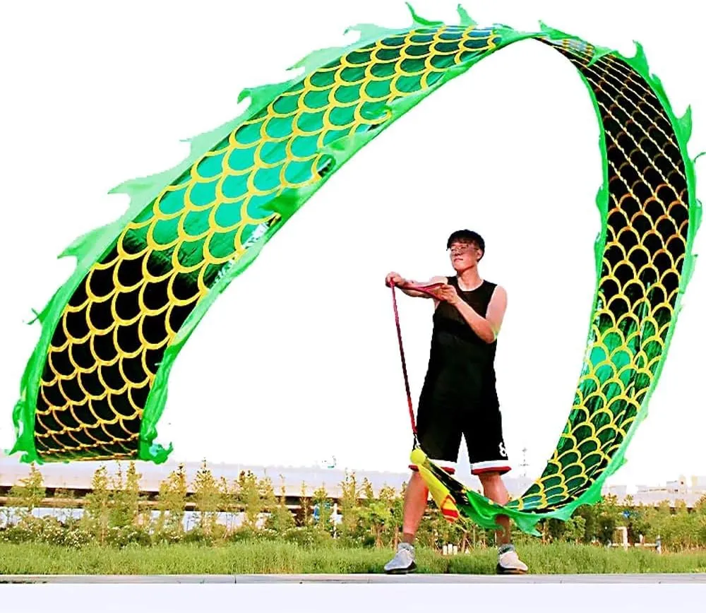 3D Dragon Poi with 340g Weighted Ball & 1.1 Meters Swing Rope - Silk Flowy Shaking & Flinging Chinese Golden Dragon Ribbon Streamer   Travel Carry Bag! (6 Meters (19.6 FT), Golden Green Dragon)