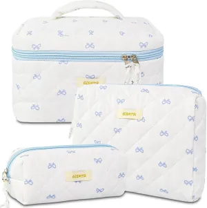 3PC Quilted Makeup Bag Set Cotton Bow Cosmetic Bag Large Coquette Make up Bags Aesthetic Toiletry Travel Organizer