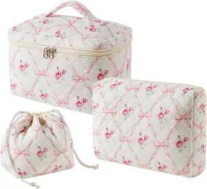 3Pcs Aesthetic Cotton Quilted Drawstring Makeup Bag Set, Aesthetic Cute Bow Makeup Pouch for Girls and Women, Aesthetic Travel Organized Cosmetic Bags for Purse(02Pink Flower Bow)