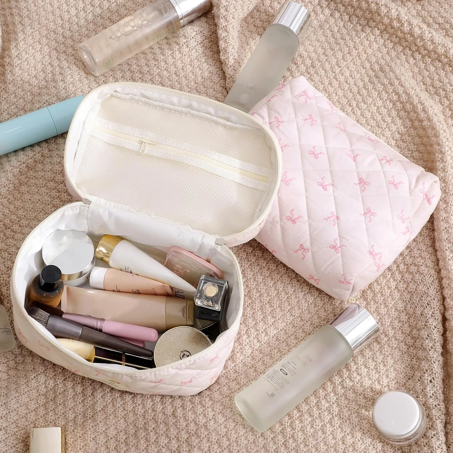 3Pcs Aesthetic Cotton Quilted Drawstring Makeup Bag Set, Aesthetic Cute Bow Makeup Pouch for Girls and Women, Aesthetic Travel Organized Cosmetic Bags for Purse(02Pink Flower Bow)