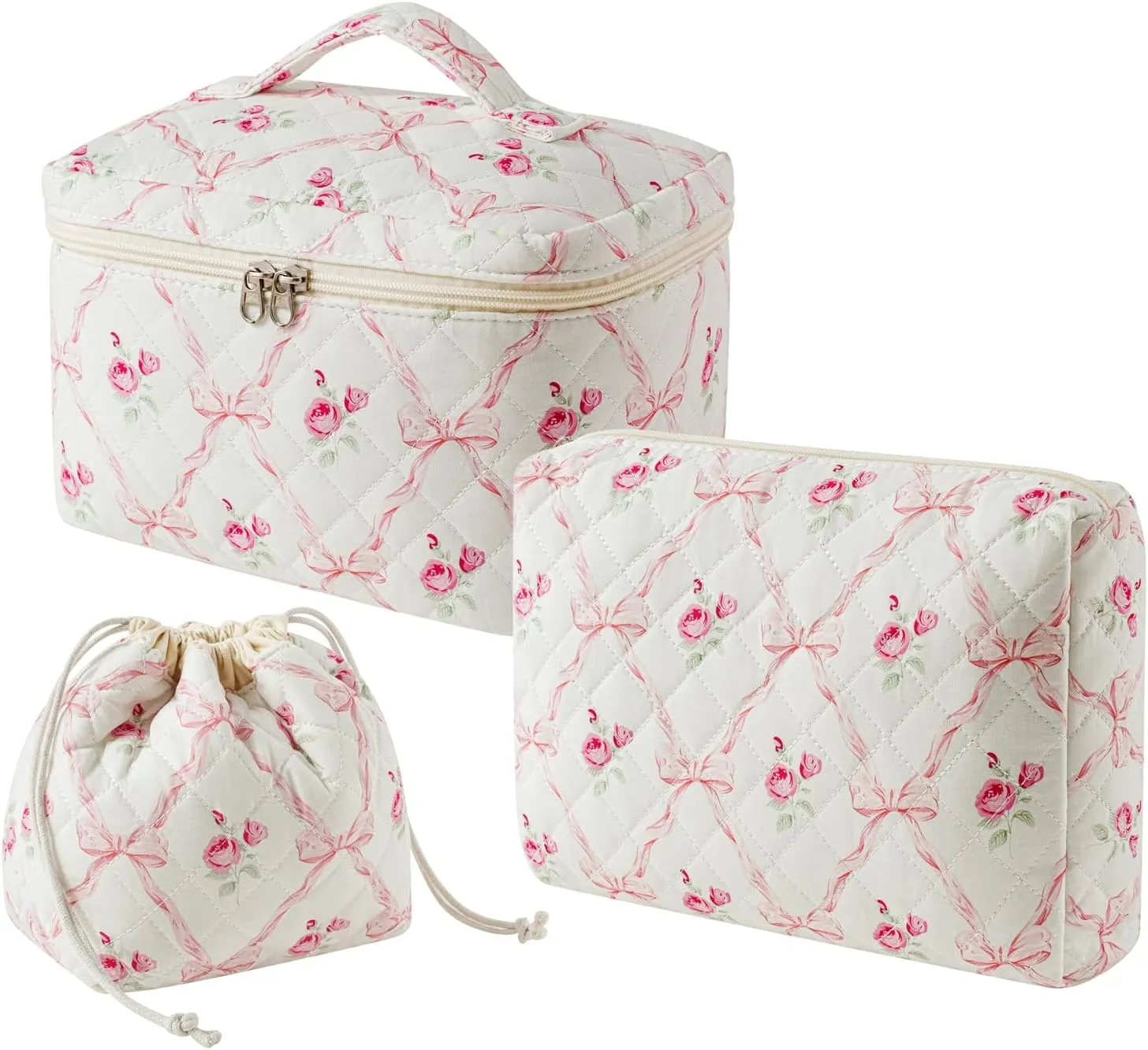 3Pcs Aesthetic Cotton Quilted Drawstring Makeup Bag Set, Aesthetic Cute Bow Makeup Pouch for Girls and Women, Aesthetic Travel Organized Cosmetic Bags for Purse(02Pink Flower Bow)