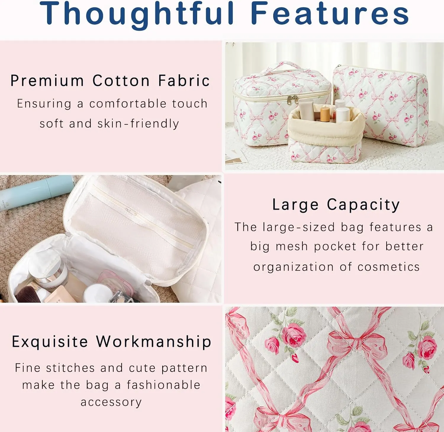 3Pcs Aesthetic Cotton Quilted Drawstring Makeup Bag Set, Aesthetic Cute Bow Makeup Pouch for Girls and Women, Aesthetic Travel Organized Cosmetic Bags for Purse(02Pink Flower Bow)