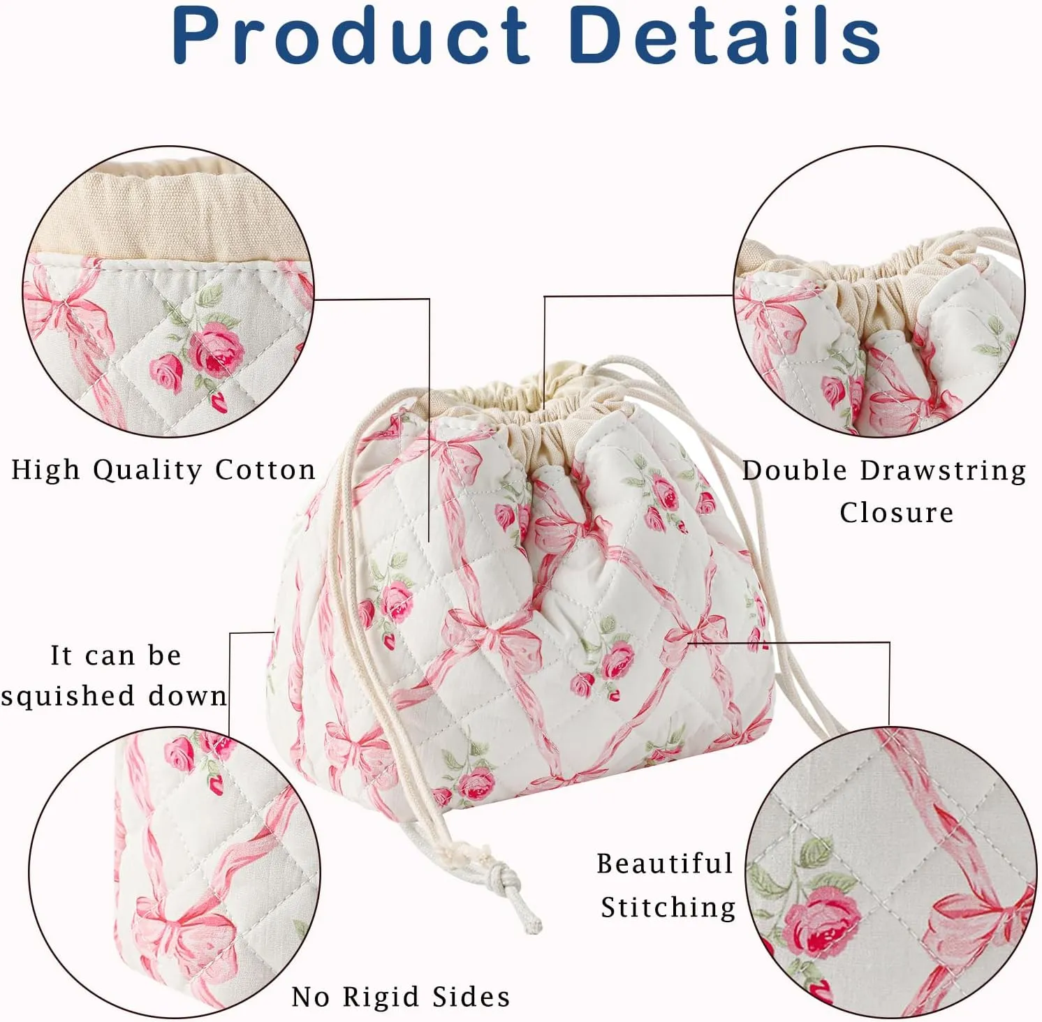 3Pcs Aesthetic Cotton Quilted Drawstring Makeup Bag Set, Aesthetic Cute Bow Makeup Pouch for Girls and Women, Aesthetic Travel Organized Cosmetic Bags for Purse(02Pink Flower Bow)