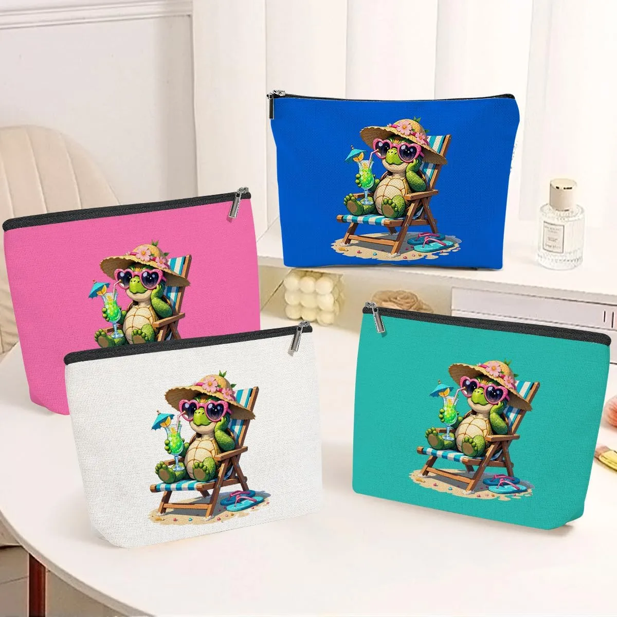 4 Pack Funny Beach Sea Turtle Gifts for Women Turtle Lovers Sister Mom Girls Trip Makeup Bag,Travel Essentials Cosmetic Bags for Women,Birthday Graduation Christmas Anniversary Nurse Day Thank You