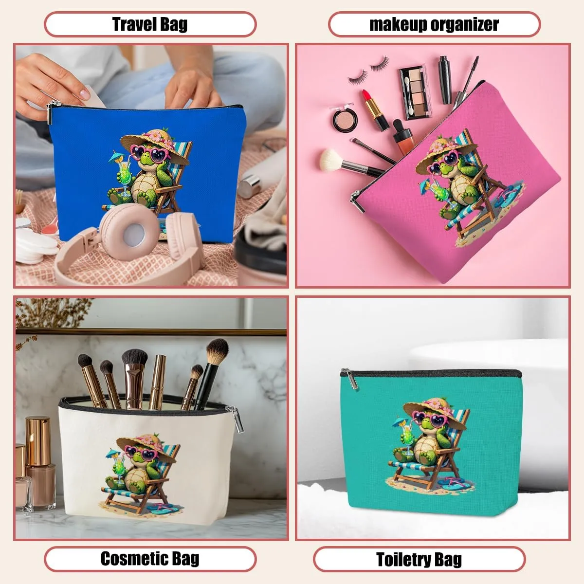 4 Pack Funny Beach Sea Turtle Gifts for Women Turtle Lovers Sister Mom Girls Trip Makeup Bag,Travel Essentials Cosmetic Bags for Women,Birthday Graduation Christmas Anniversary Nurse Day Thank You
