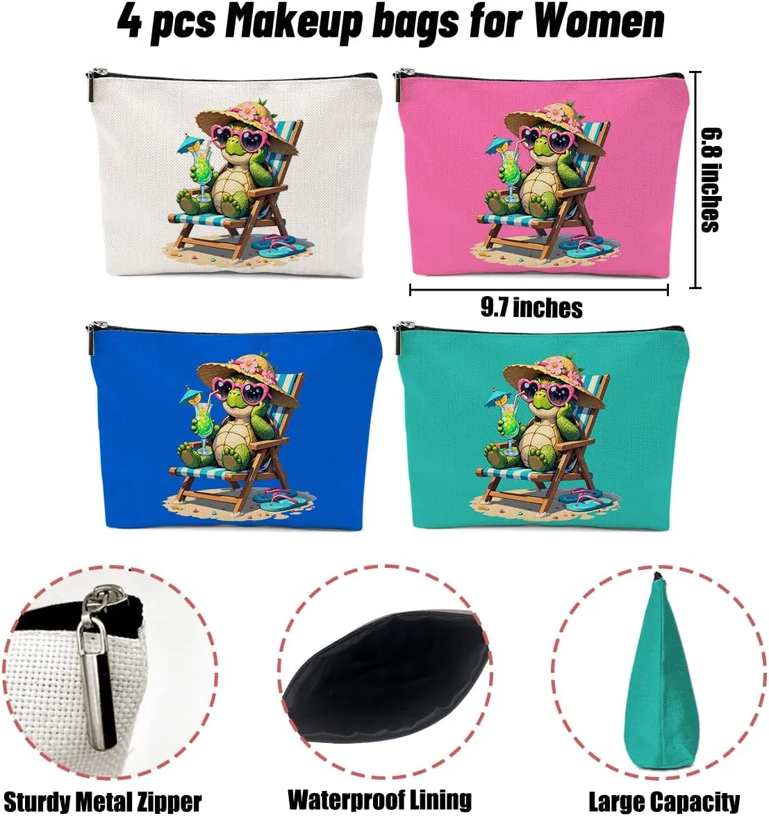 4 Pack Funny Beach Sea Turtle Gifts for Women Turtle Lovers Sister Mom Girls Trip Makeup Bag,Travel Essentials Cosmetic Bags for Women,Birthday Graduation Christmas Anniversary Nurse Day Thank You