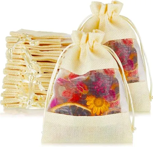 4 x 6 Inches : Jute Potli window bags, Drawstring Bags, Clear Open Window Jute Fabric Drawstring Gift Bags,Candy Jewelry Gift Pouches for Party Favors - Pack of 4