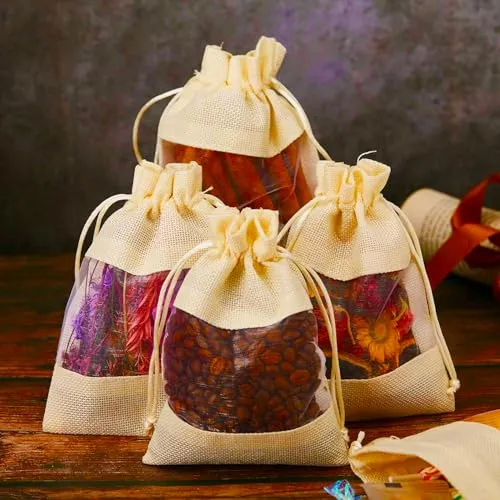 4 x 6 Inches : Jute Potli window bags, Drawstring Bags, Clear Open Window Jute Fabric Drawstring Gift Bags,Candy Jewelry Gift Pouches for Party Favors - Pack of 4